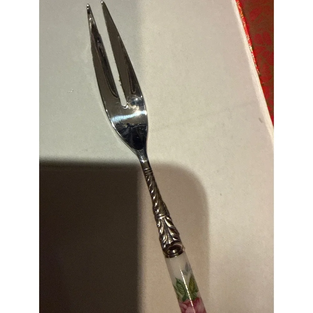 Vintage Floral Porcelain Handle Dessert Spoon and Fork Set 10pc Silver Tone Rose